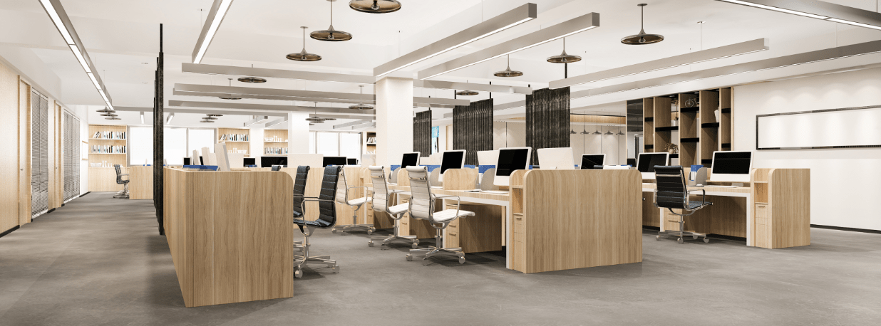Ufficio moderno open space con postazioni di lavoro
